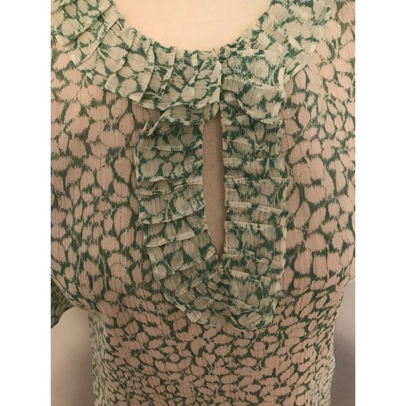 Rebecca Taylor Ikat Lurex Metallic Green/White Leaf Ruffle Blouse - Size 2 - Picture 4 of 12